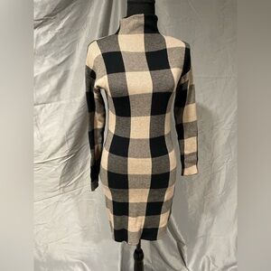 Cynthia Rowley Plaid Long Sleeve Sweater Dress in Black and Tan